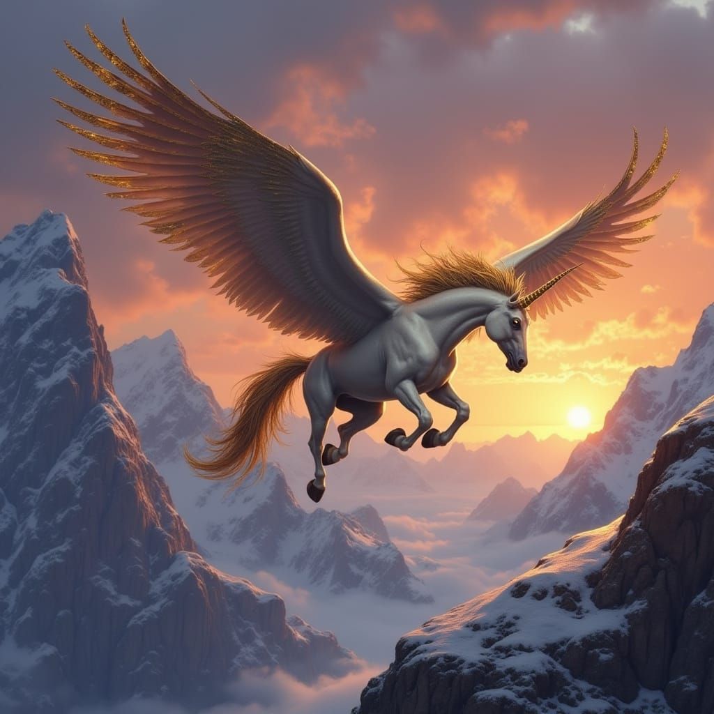 Unicorn Soaring Over Mountains in Bierstadt Style