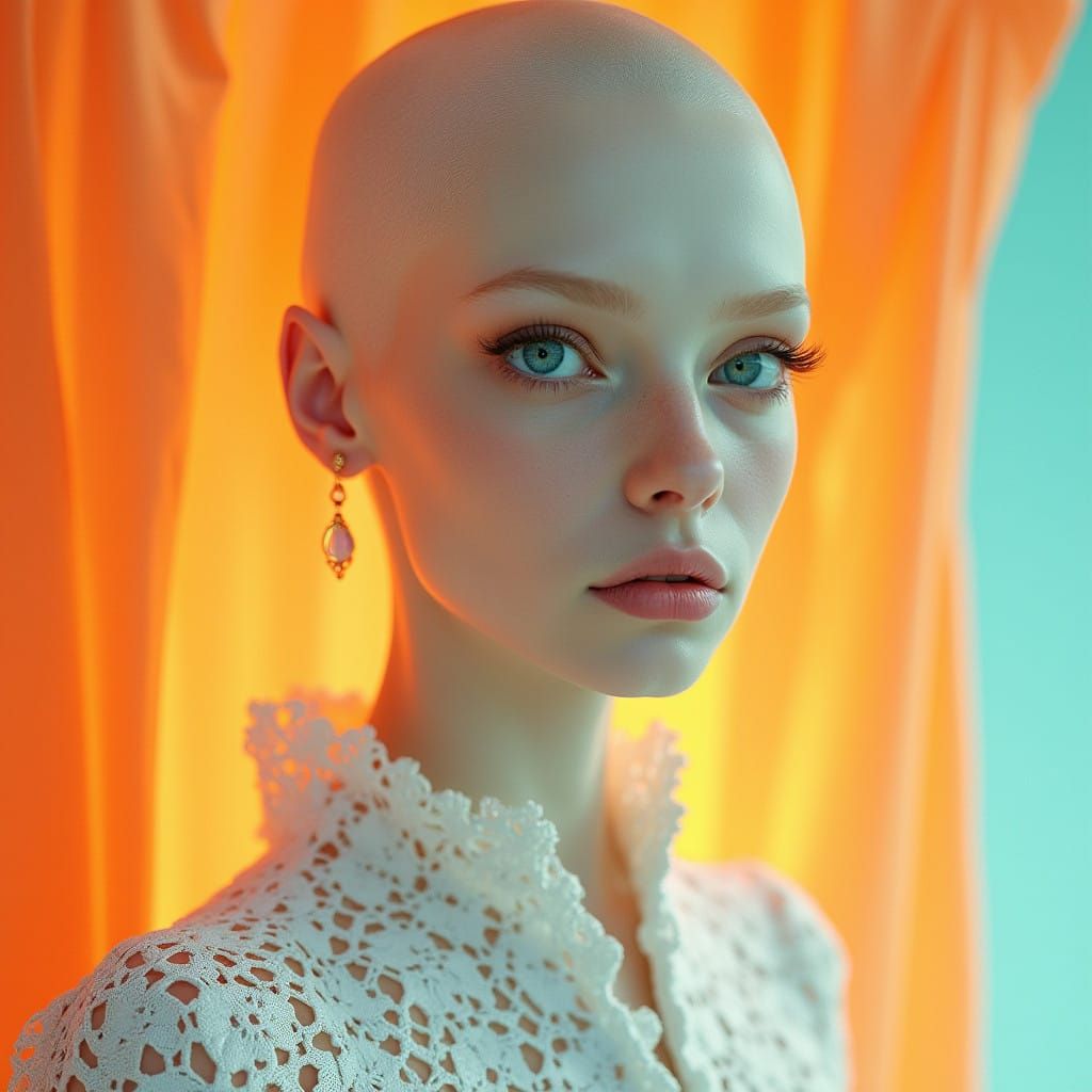 Surreal Woman in Elegant Lace Outfit, Surrounded by Vibrant ...