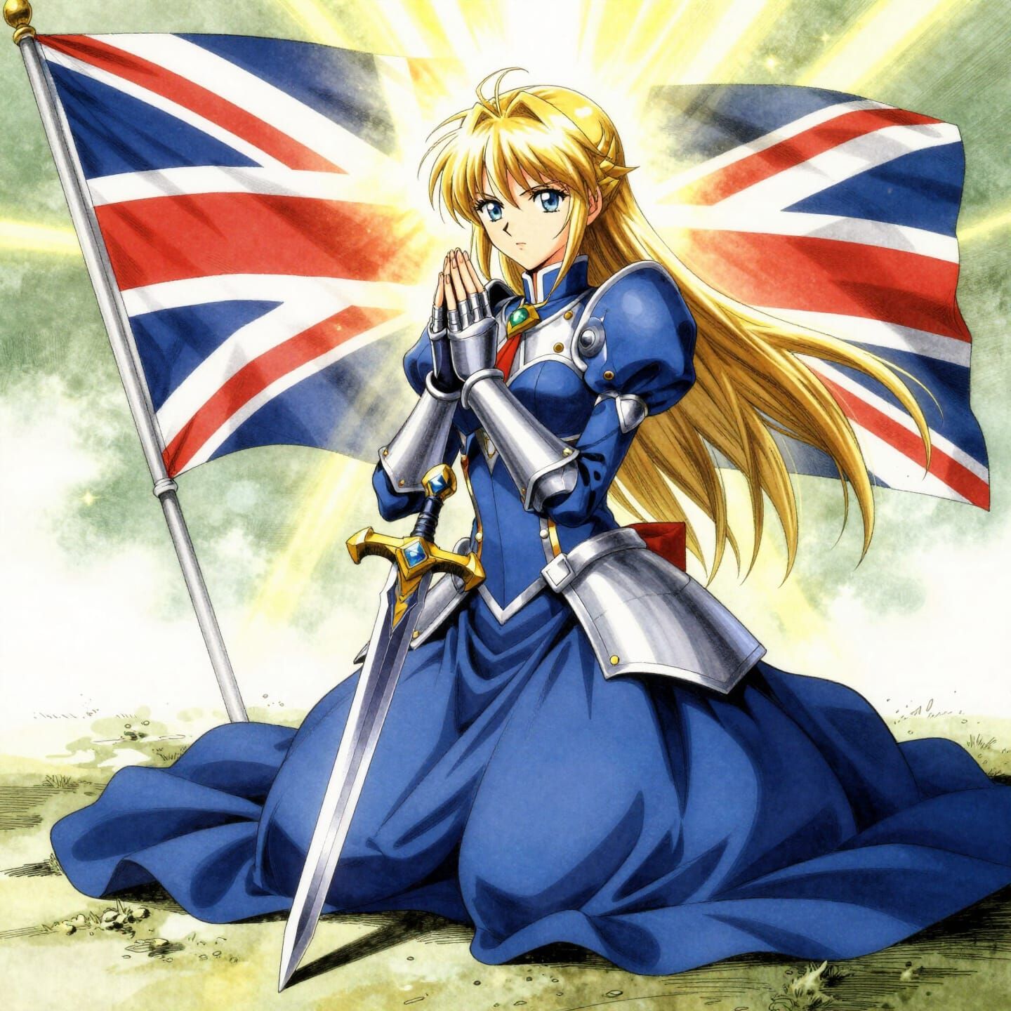 Saber Artoria Pendragon Kneels in Prayer with Excalibur