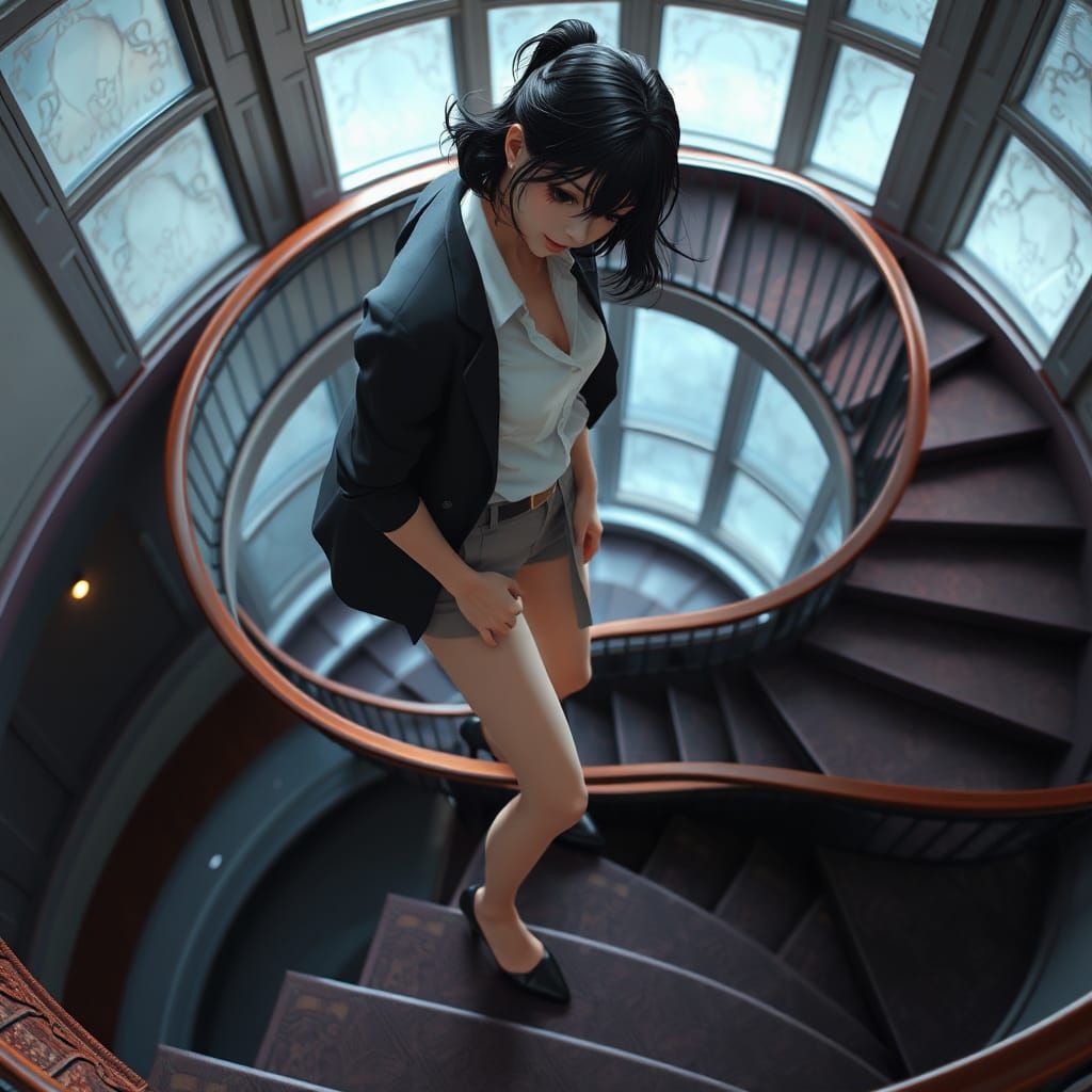 Woman's Vertigo on Circular Staircase in 3D Anime Art