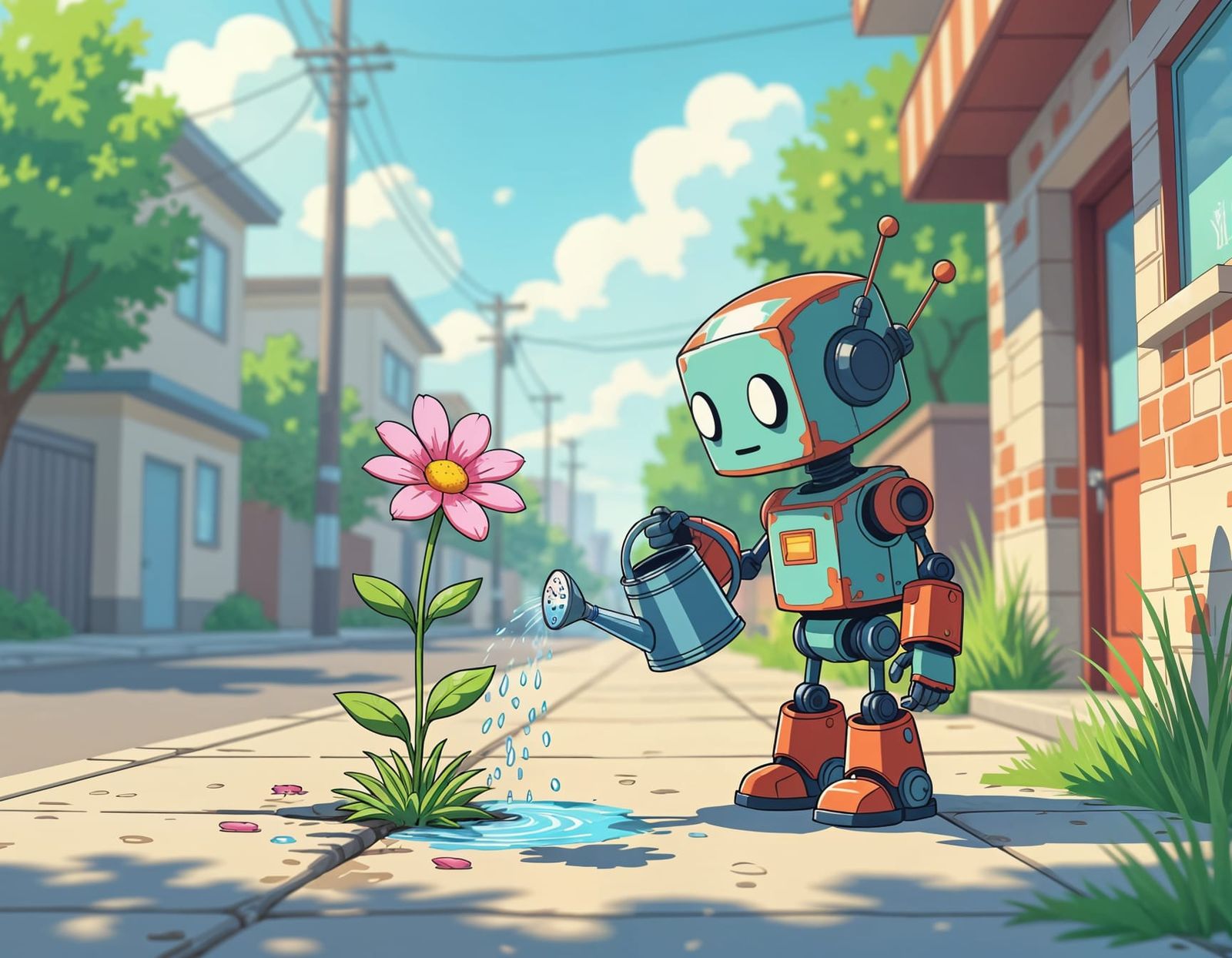 Robot Waters Flower on Sunny City Sidewalk in Anime Style