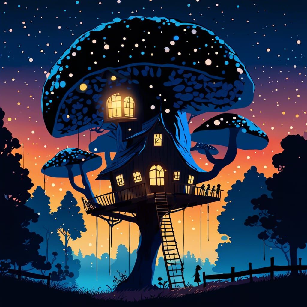 Magical Forest with Glowing Mushrooms in Minimalist Style