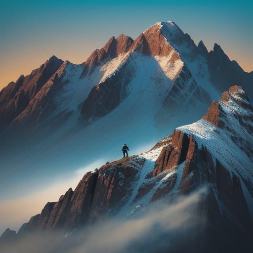 Epic Oil Painting of Figure Diving from Mountain Peak