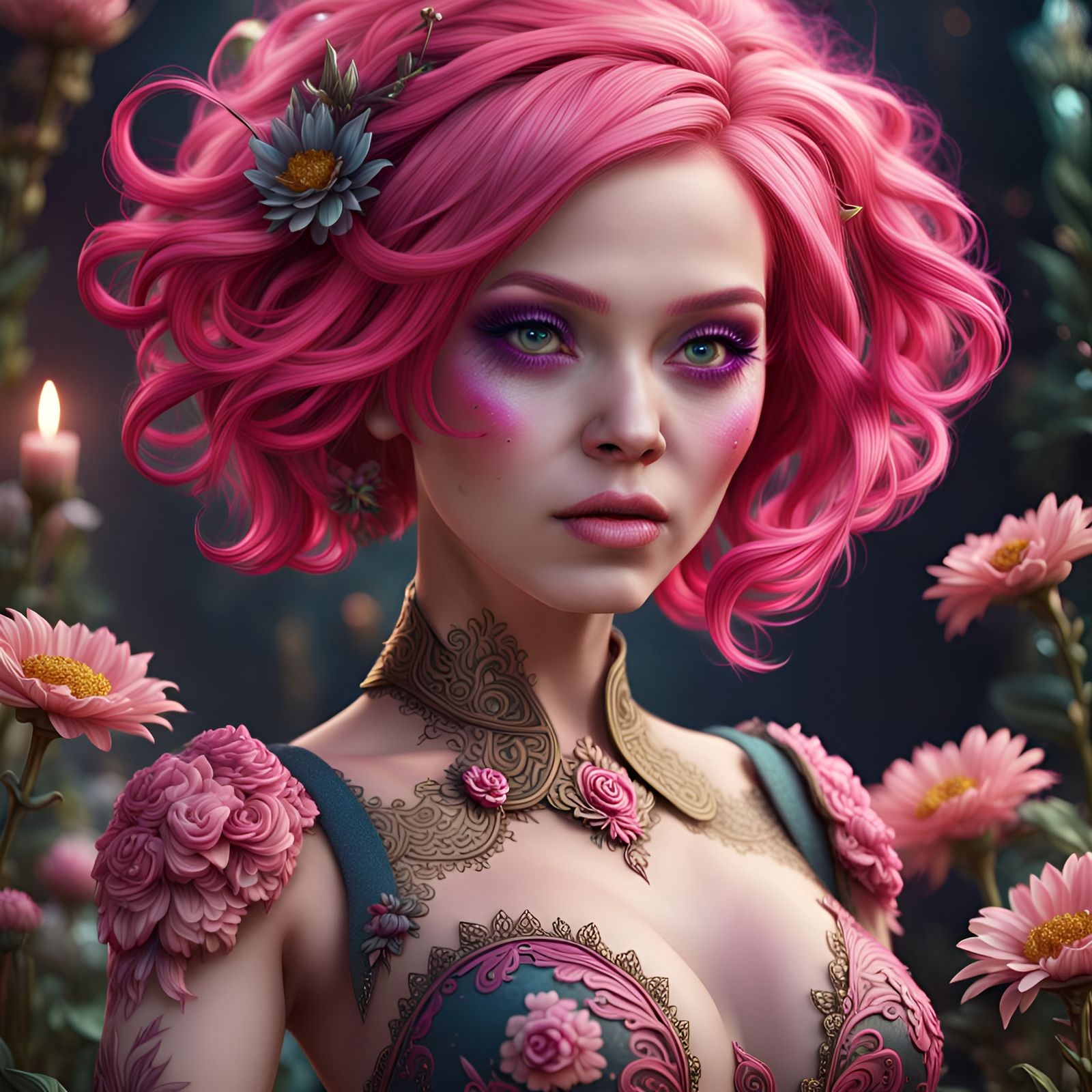Fantasy Woman with Floral Makeup in Digital Art