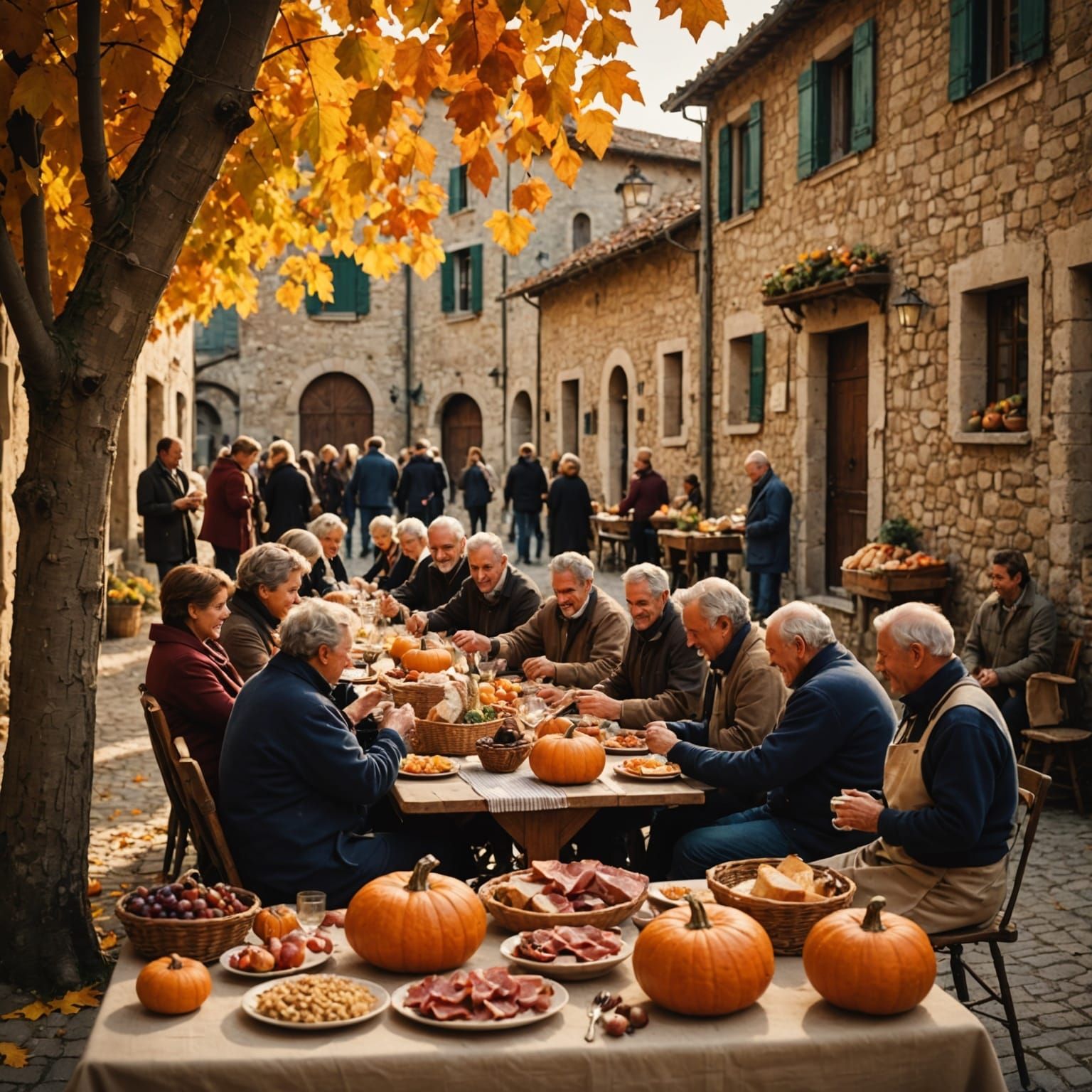 Autumn Harvest Celebration in Italian Village at Sunset
