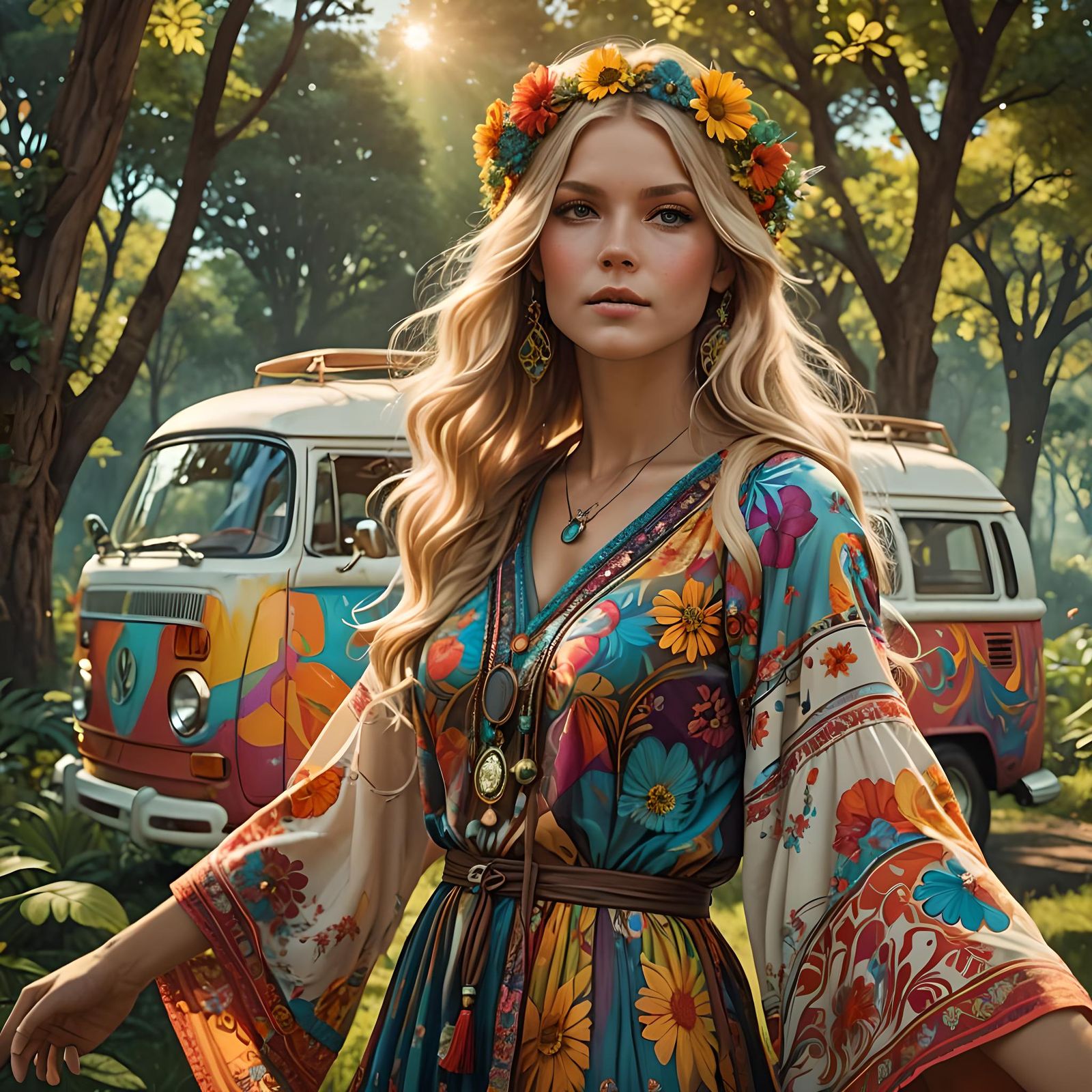 Beautiful Blond Hippie Woman in 60s Style