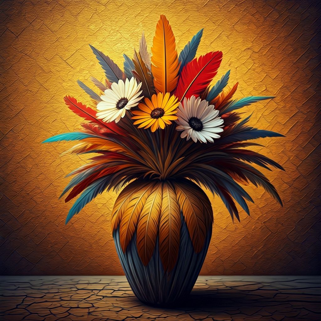 Feather Vase Flower Bouquet with Caracal in Impasto Style
