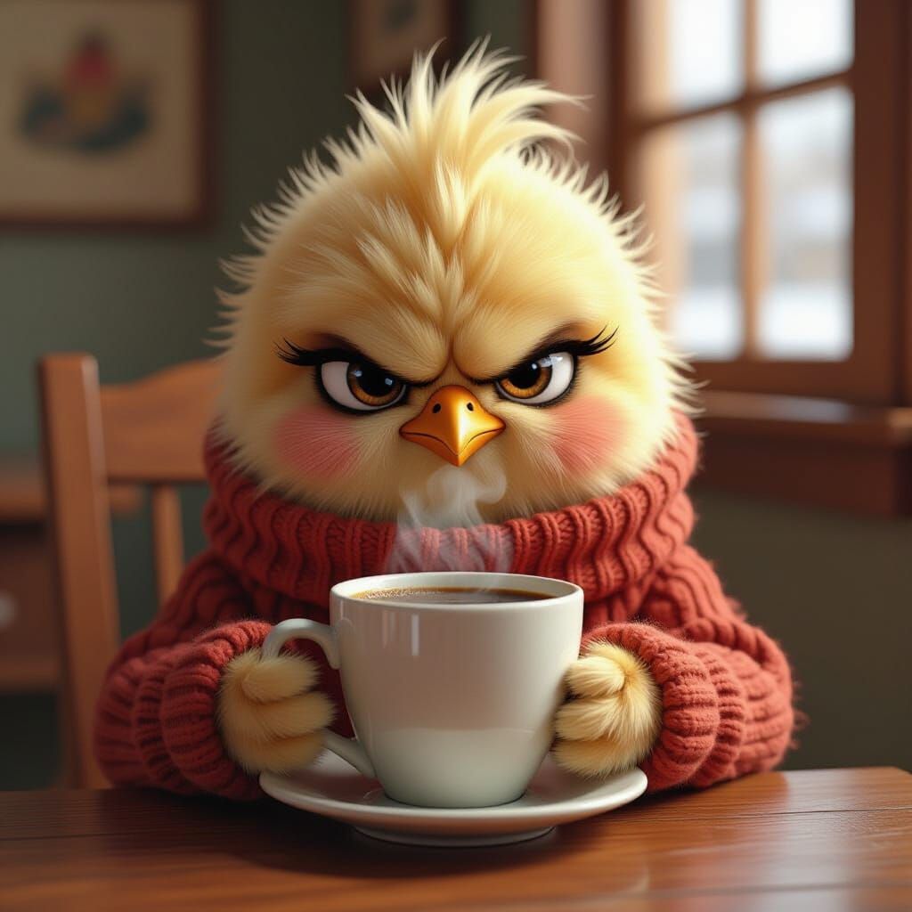 Anthropomorphic Chick Nursing Coffee as Photorealistic Art