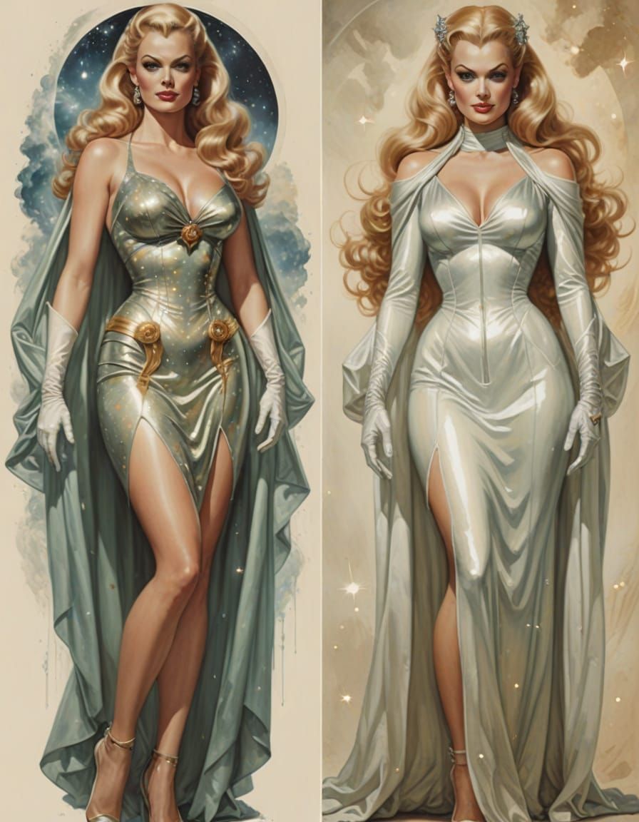 Glamorous Twin Women in Retro Sci-Fi Setting