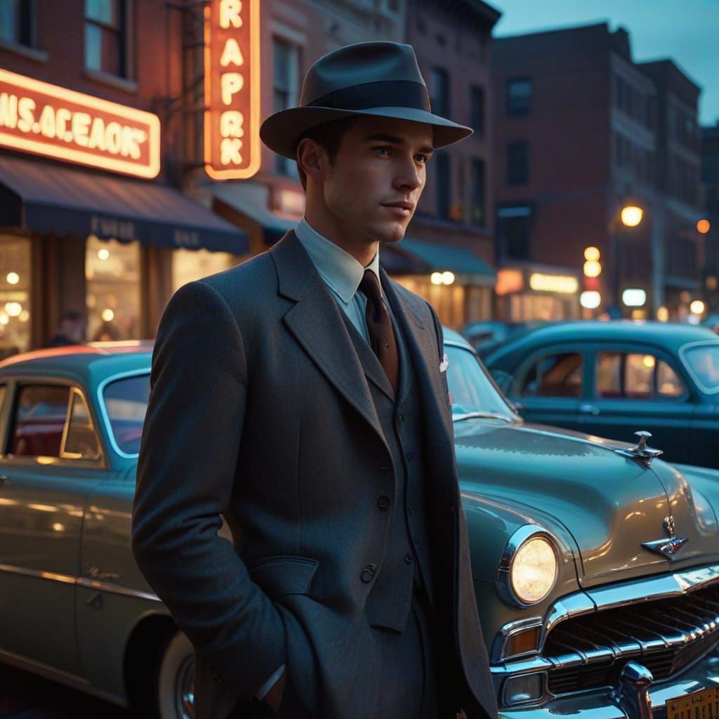1950s Man in Fedora Leaning on Classic Car