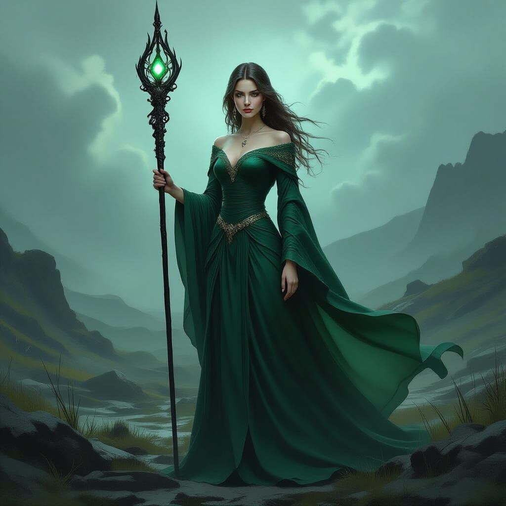 Solemn Female Mage in Stormy Landscape