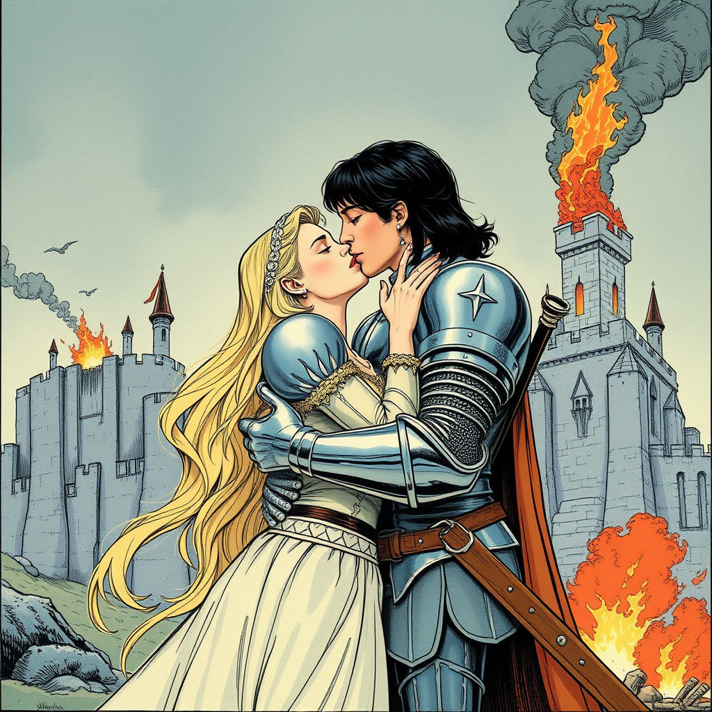 A knight with black hair kissing a beautiful blonde princess by W. Heath Robinson, Hal Foster aka Prince Valiant, Ivan B...