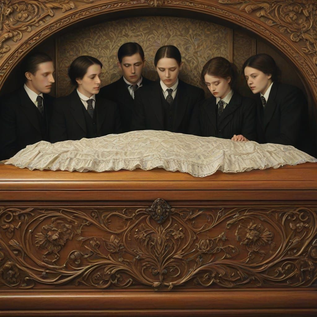 Art Nouveau Scene of Woman in Casket Surrounded by Mourners