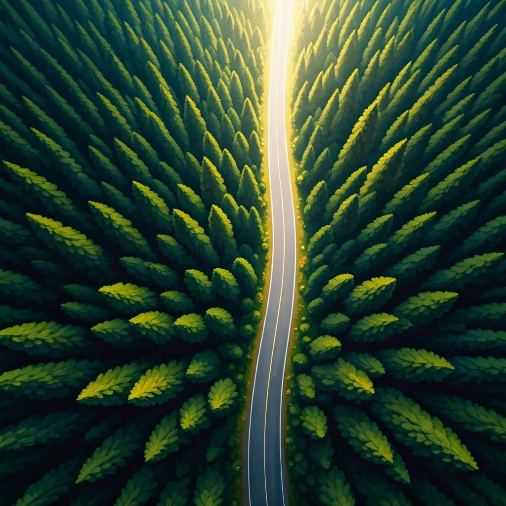 Aerial View of Forest Road in Oil Painting Style
