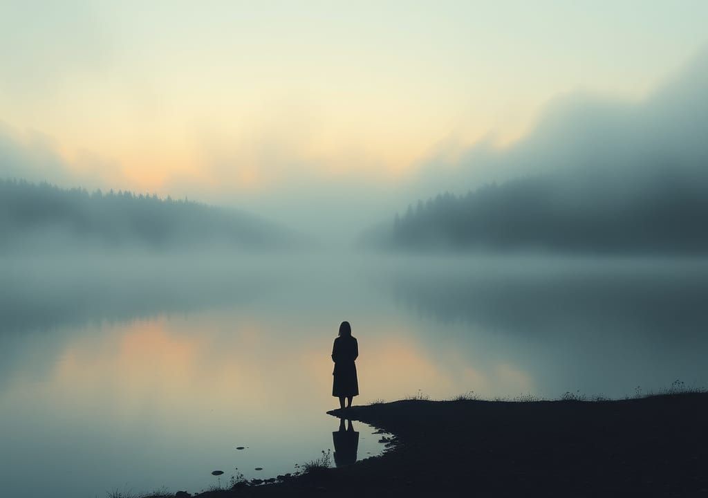 Ethereal Figure at Dusk by Misty Lake