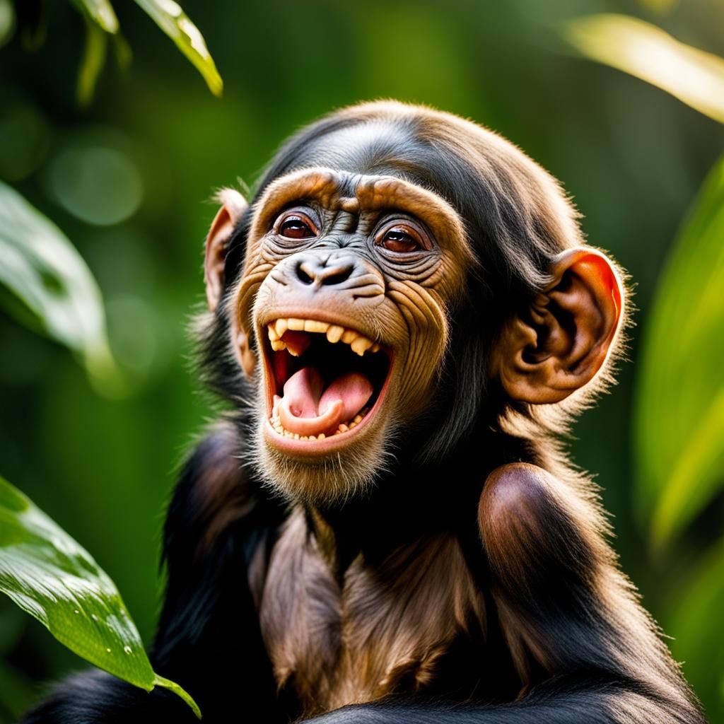 Laughing Baby Chimpanzee in Rainforest Photo