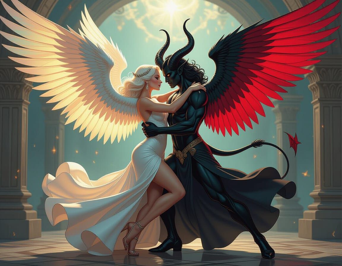 Angel and Demon Dancing Tango in Comic Art Style