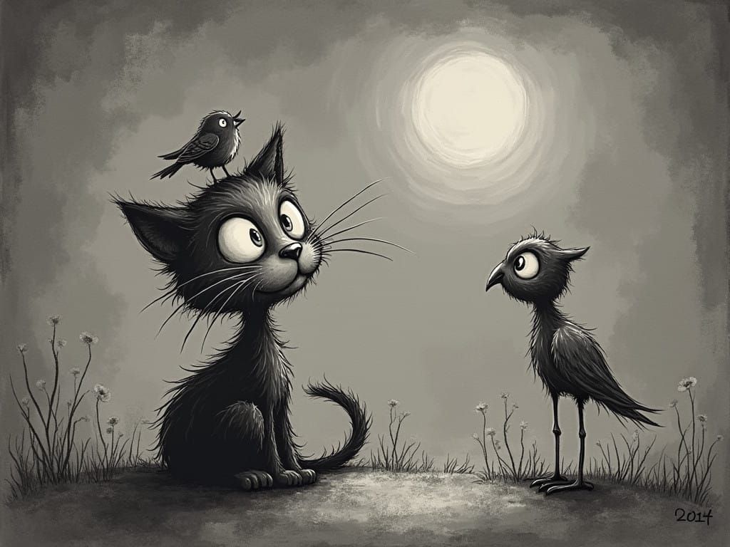 Whimsical Cat Surprised by Perched Bird in Minimalist Sketch