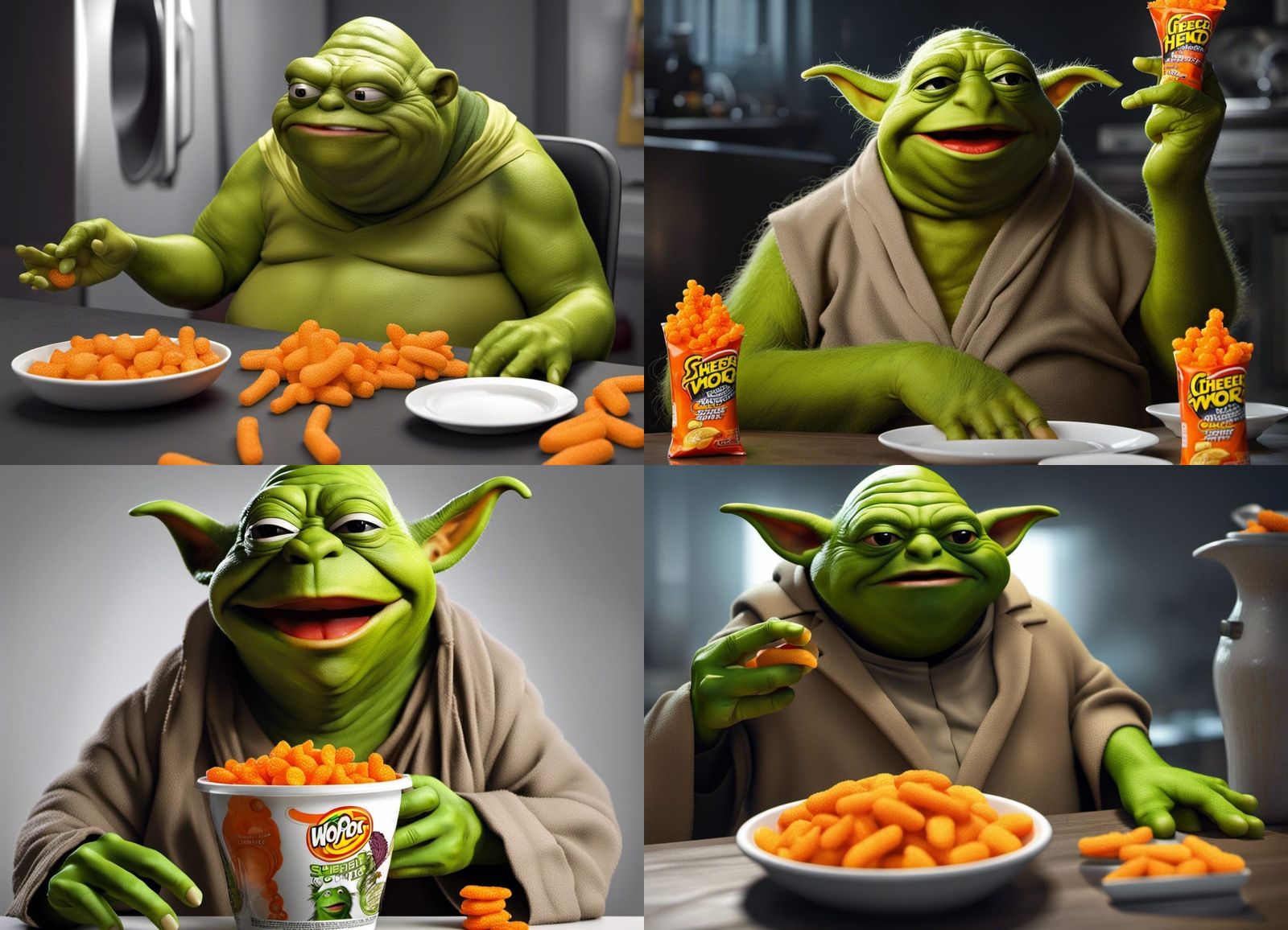 Kermit as Yoda Shrek Hutt Hulk Munching Cheetos