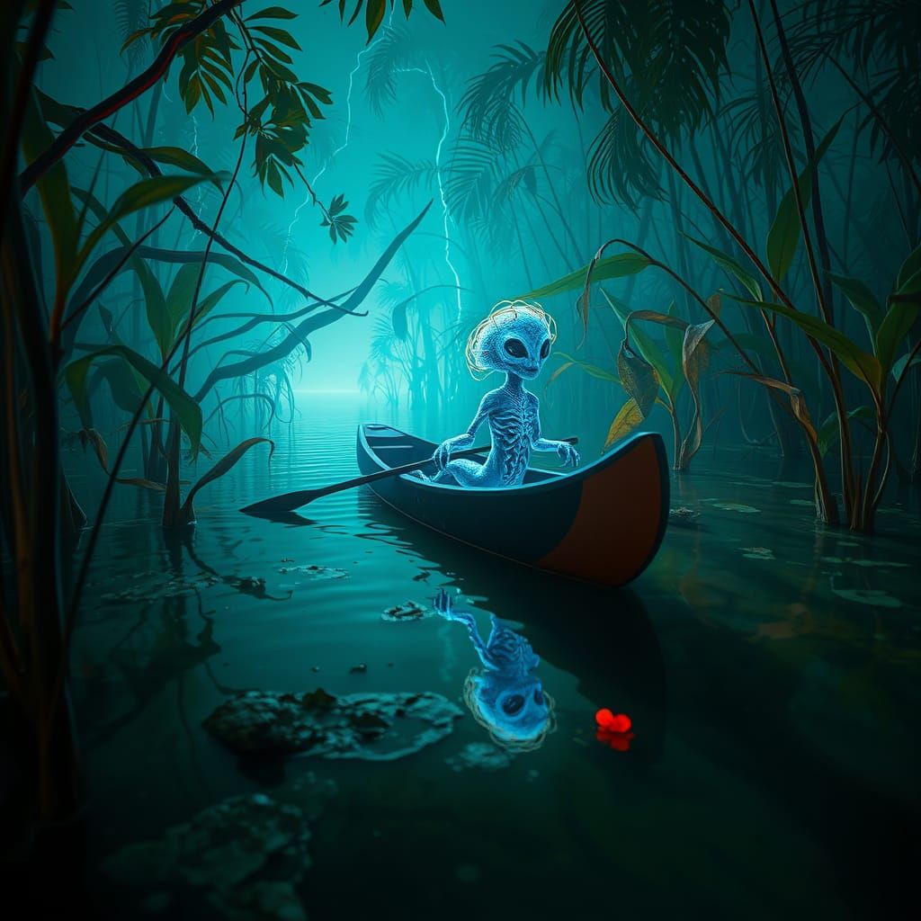 Alien Canoe Voyage in Luminous Swamp