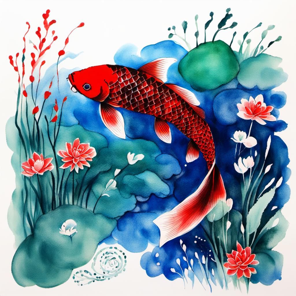 Red Koi in Flower Garden, Charcoal and Gouache