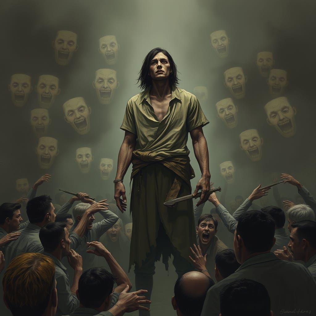 Figure Defies Crowds of Mocking Faces in a Scene of Dark Int...