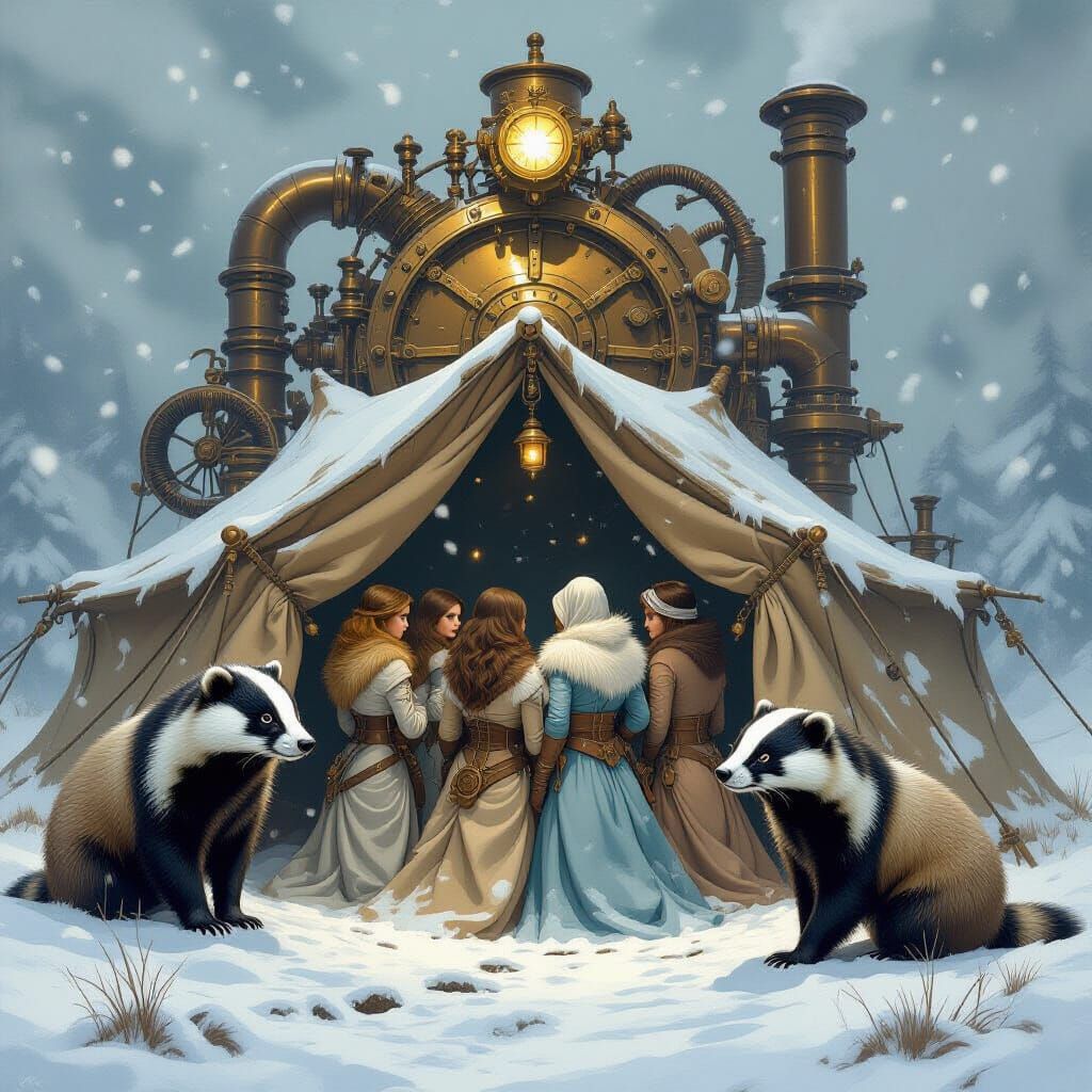 Women in Steampunk Badger Tent Amidst Snowstorm