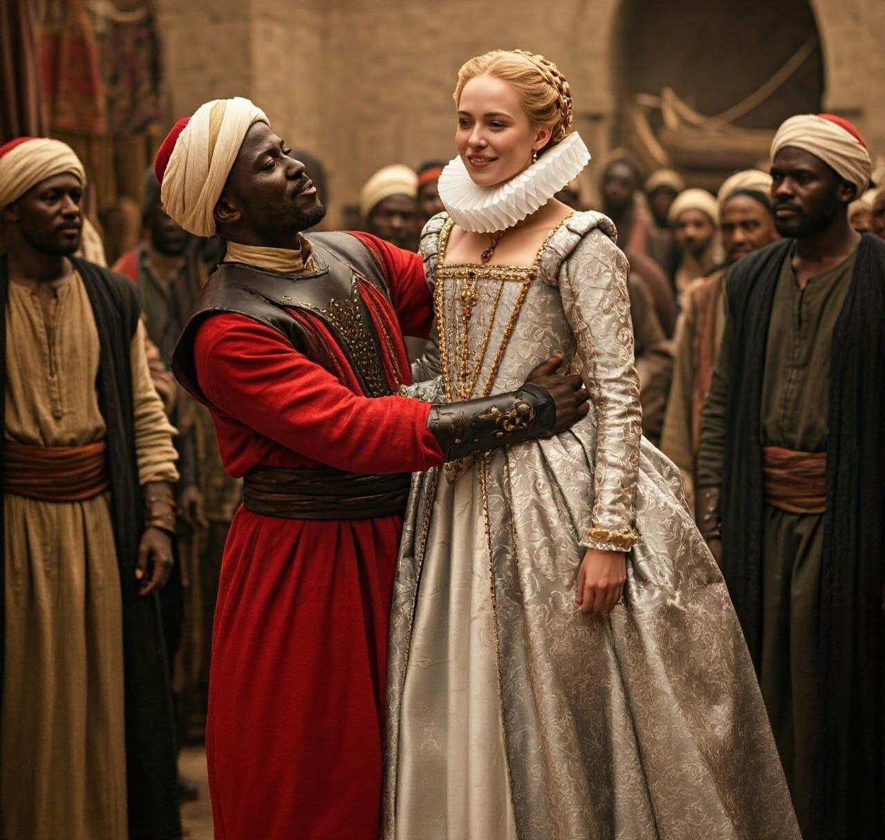 Queen Anna and African Warrior in Rembrandt Lighting