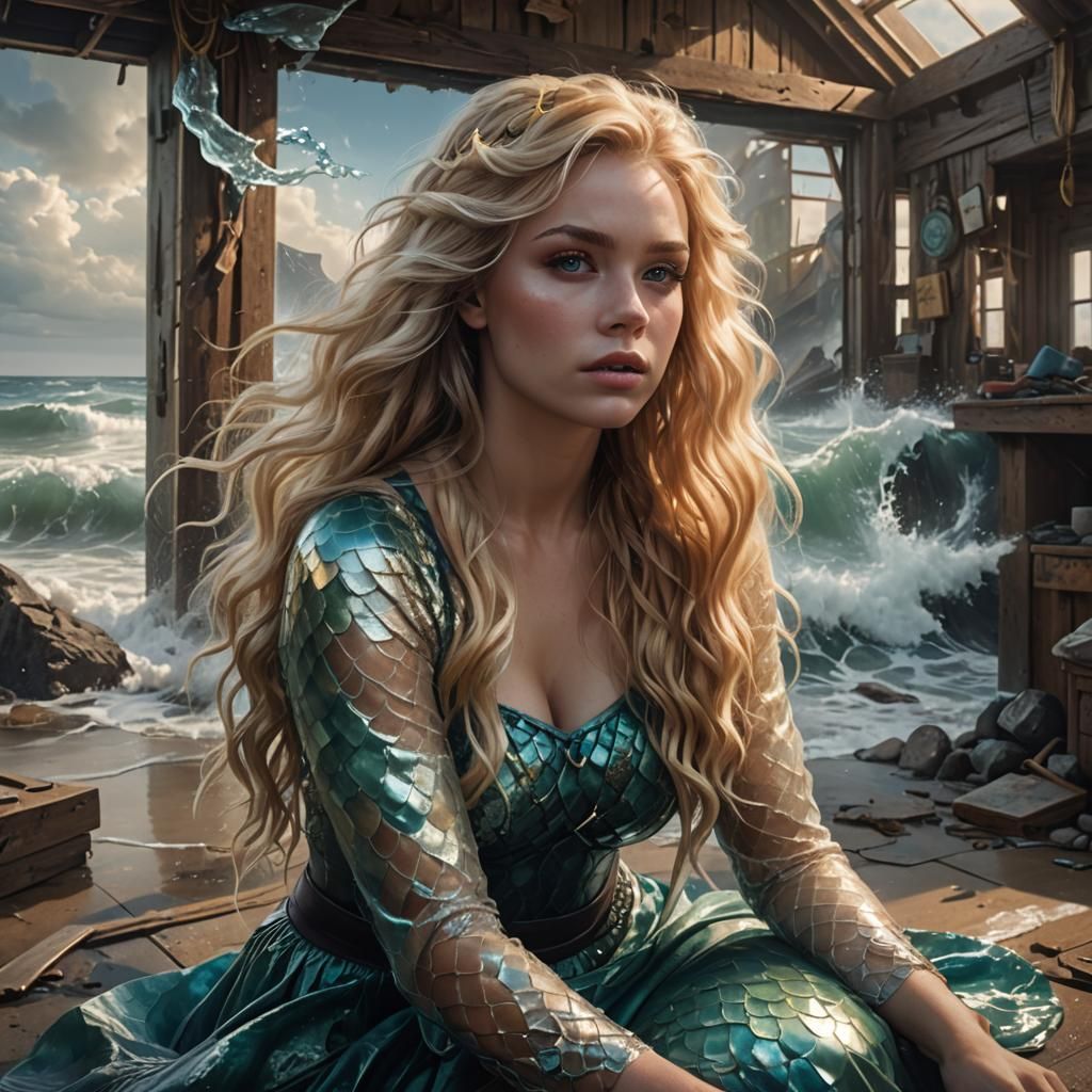 Blonde Mermaid Washed Ashore, Detailed Digital Art