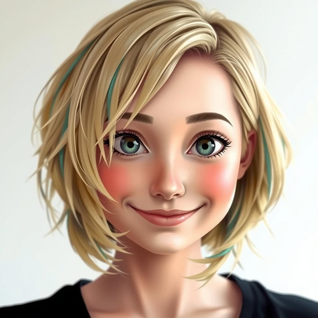 Anime-Style Blond Woman with Bobcut and Streaks
