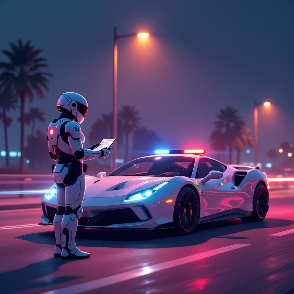 Robot Cop Issues Ticket in Cyberpunk Cityscape