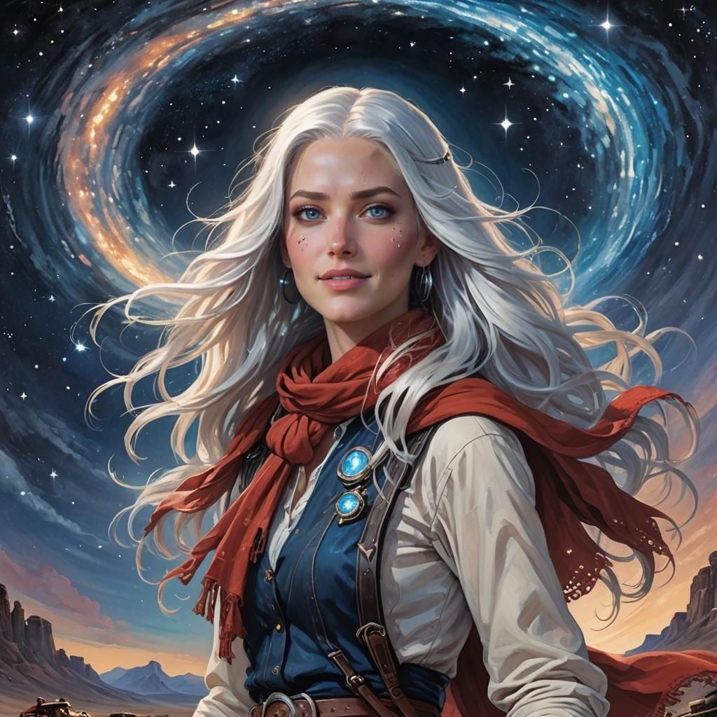 Futuristic Girl Drives Flying Car Over Wild West