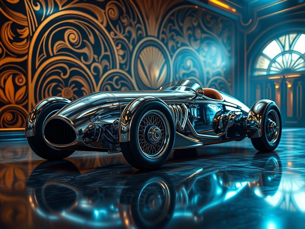 Vintage Chrome Racing Car in Art Deco Splendor