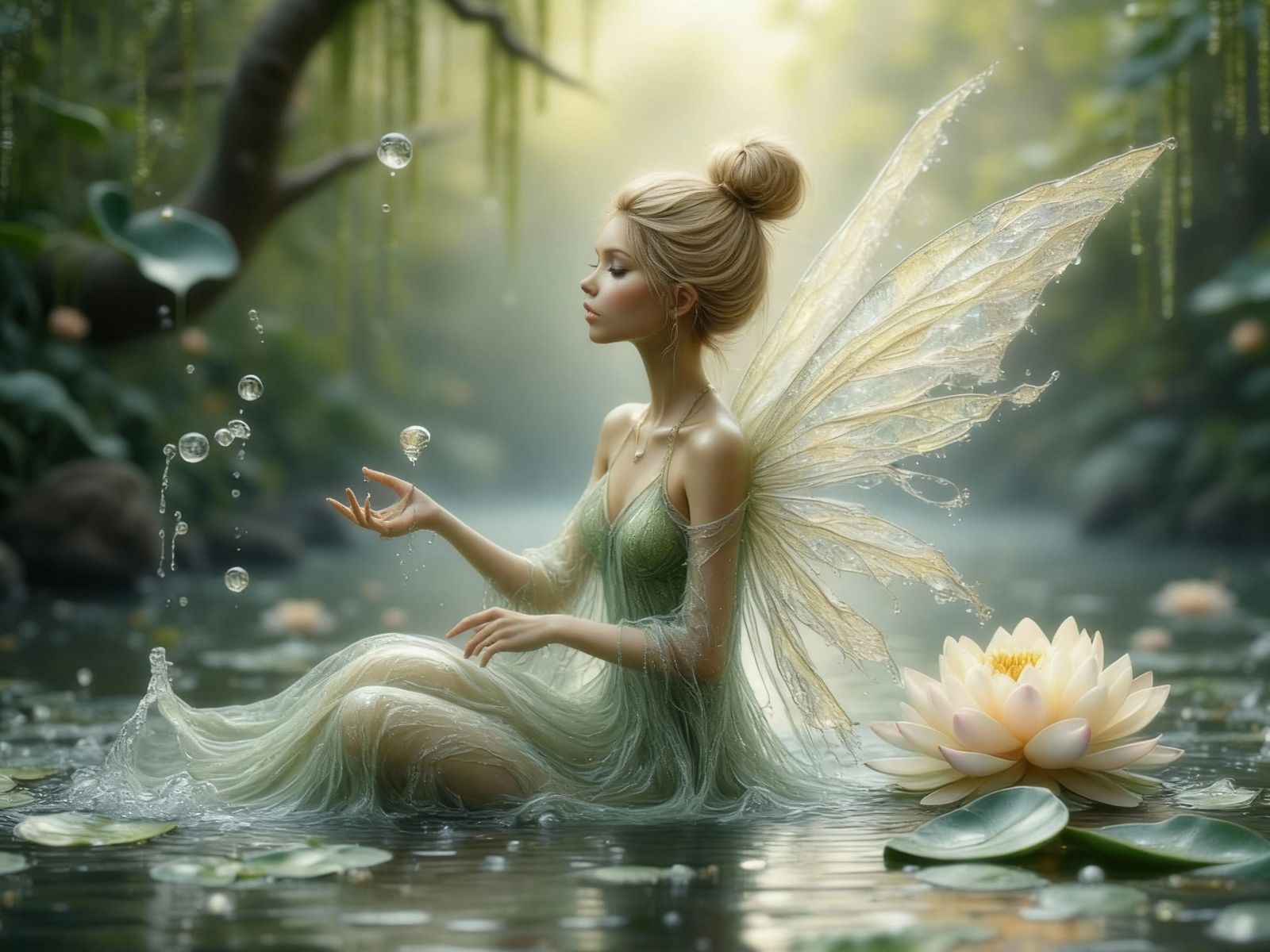 Hyperrealistic Water Fairy Emerges from Pond