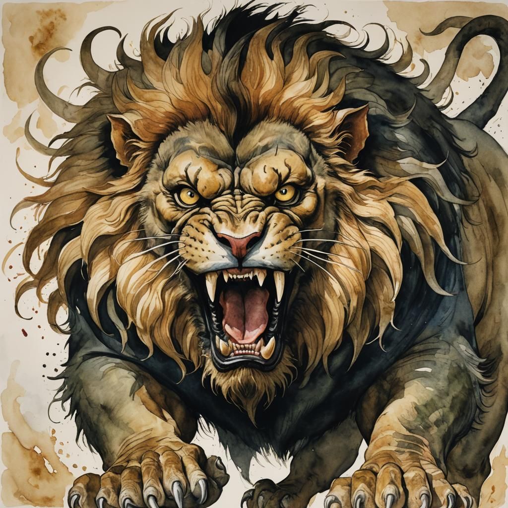 Roaring Manticore in Watercolor, Hyperdetailed Art