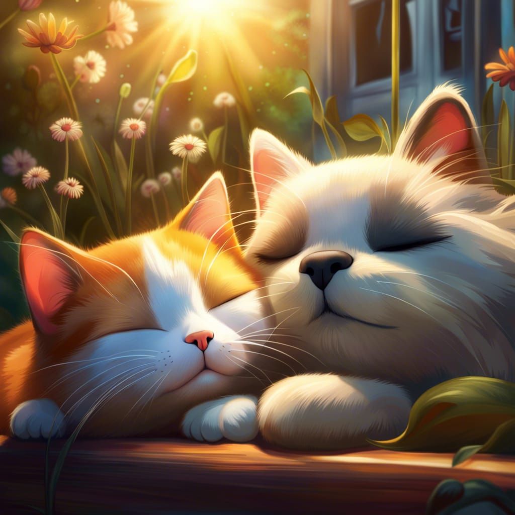 Cat and Dog Sleeping: Ghibli-Inspired Digital Art