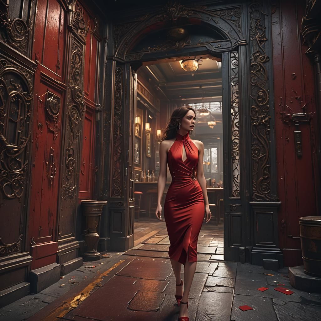 Red Dress Entering Bar: Detailed Matte Painting
