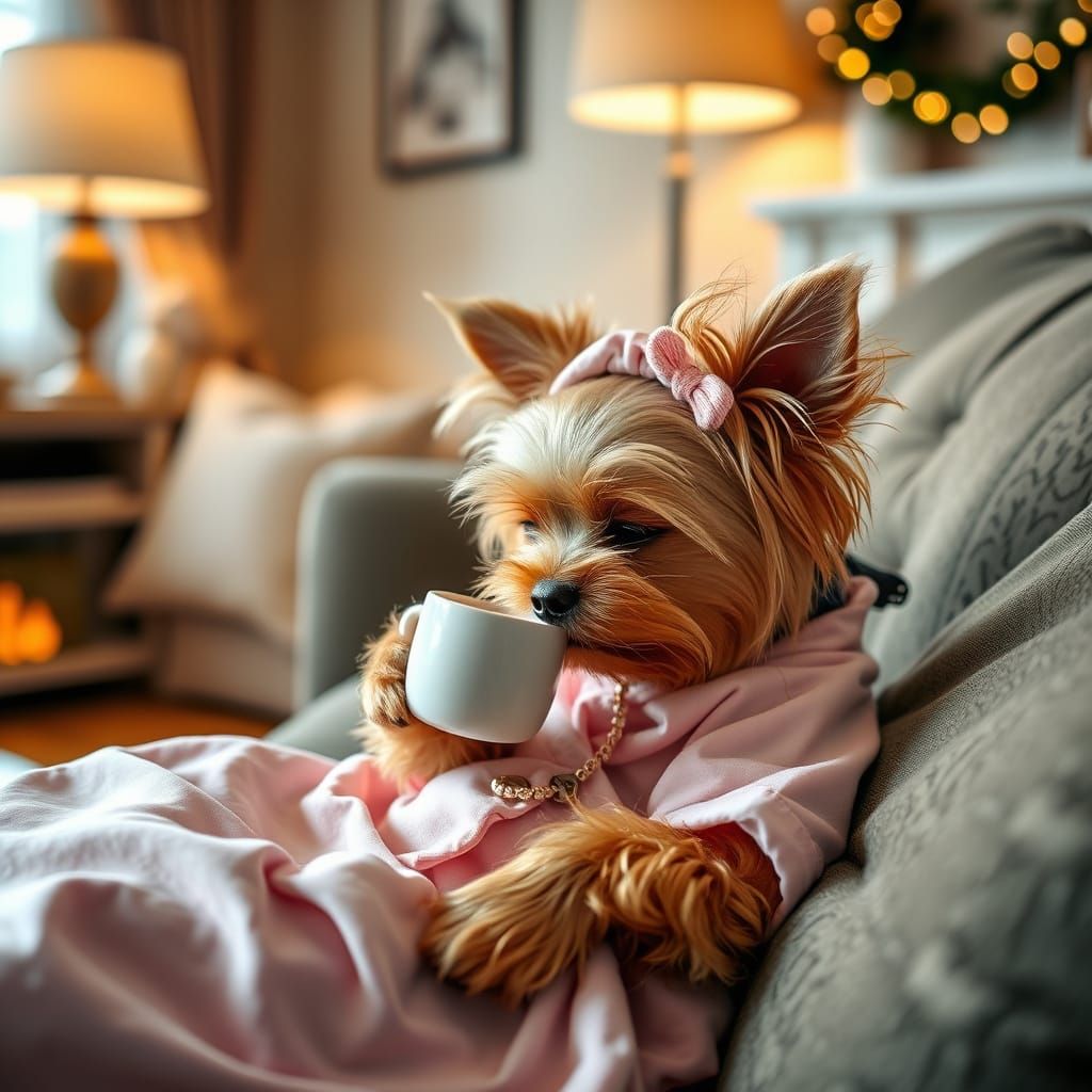 Cute Yorkie Enjoying Morning Coffee in Cozy Living Room