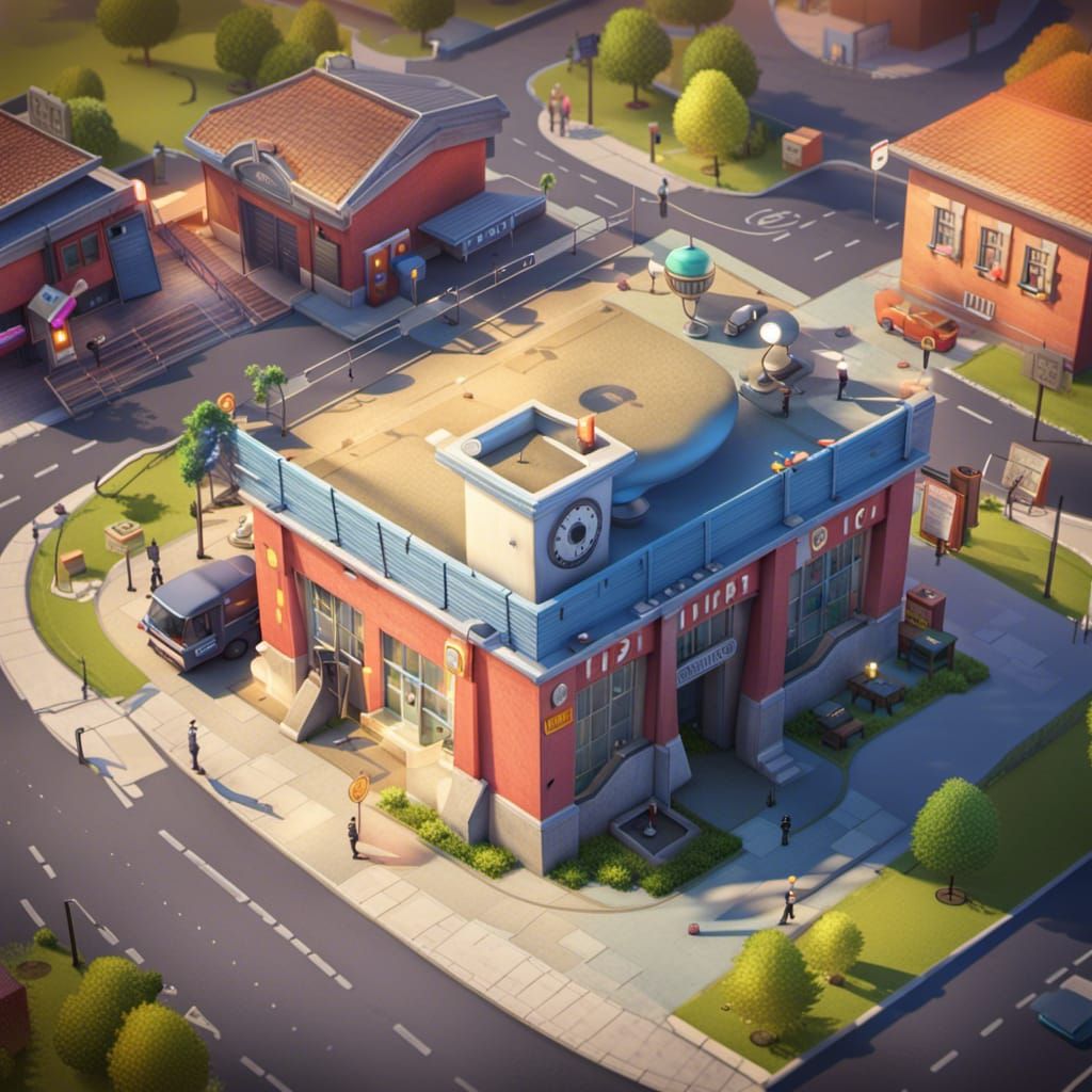 Overhead View of Small Police Station in 3D Style