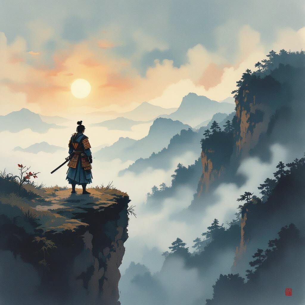Samurai in Ethereal Landscape Inspired by Japanese Masters