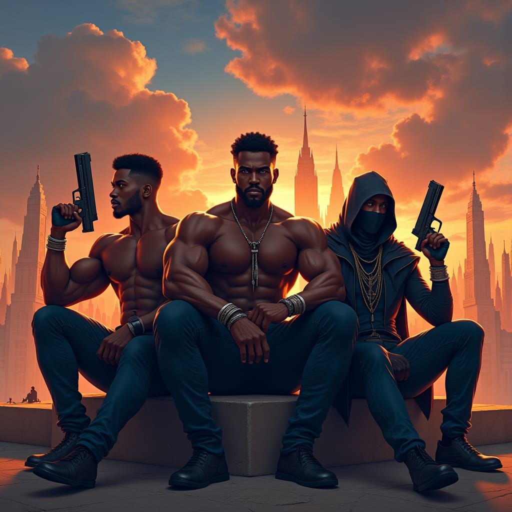 Three Brothers in Fantastical Cityscape, Detailed Matte Pain...