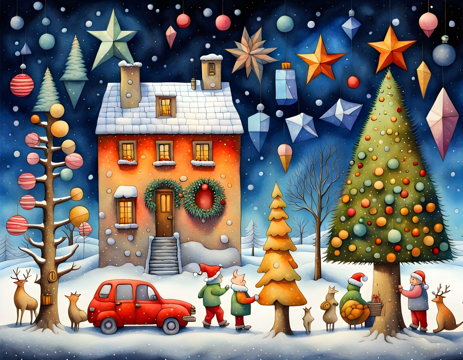 Vibrant Cubist Christmas Scene with Falling Snow