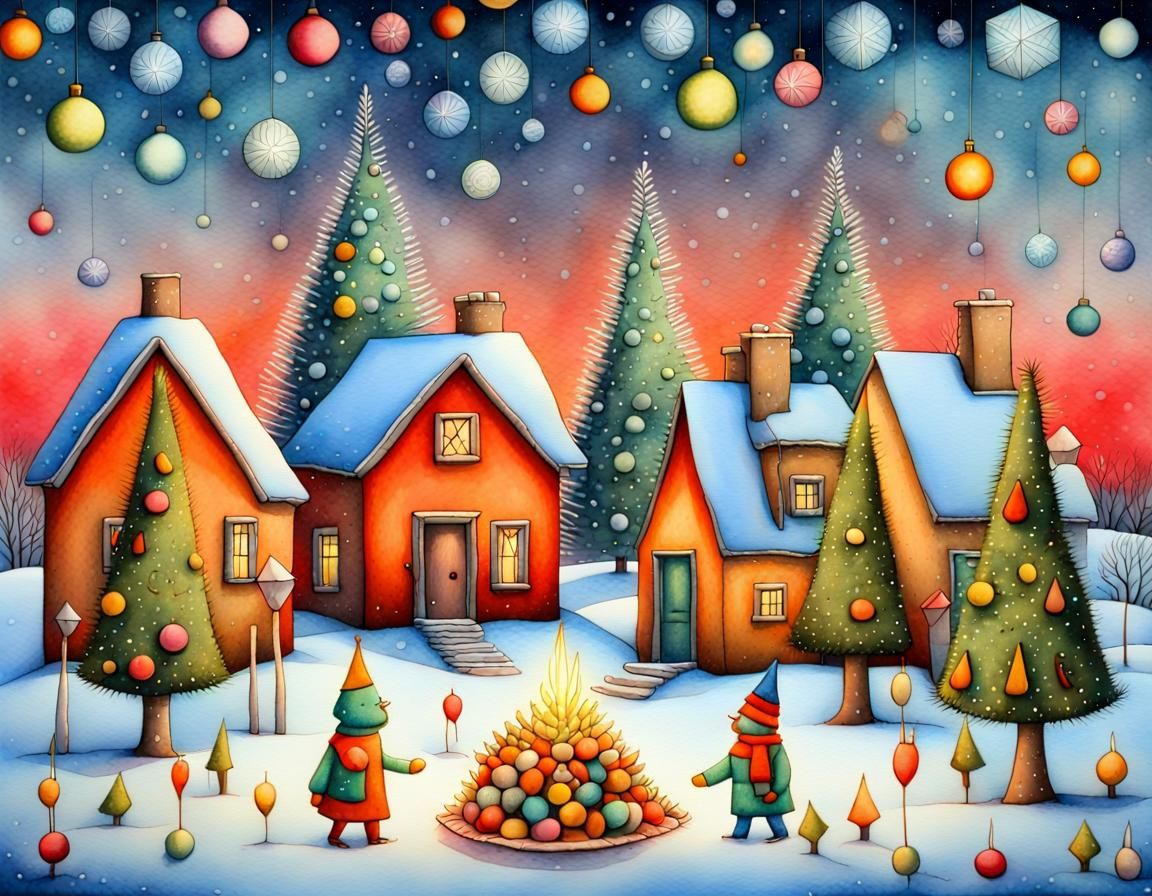 Christmas Landscape in Vibrant Cubist Style