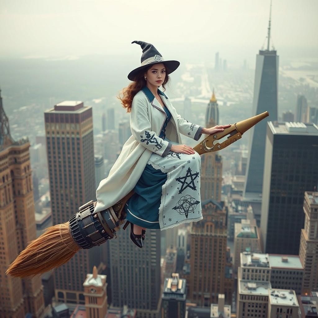 Steampunk Witch Soaring Above City in Vintage Photo