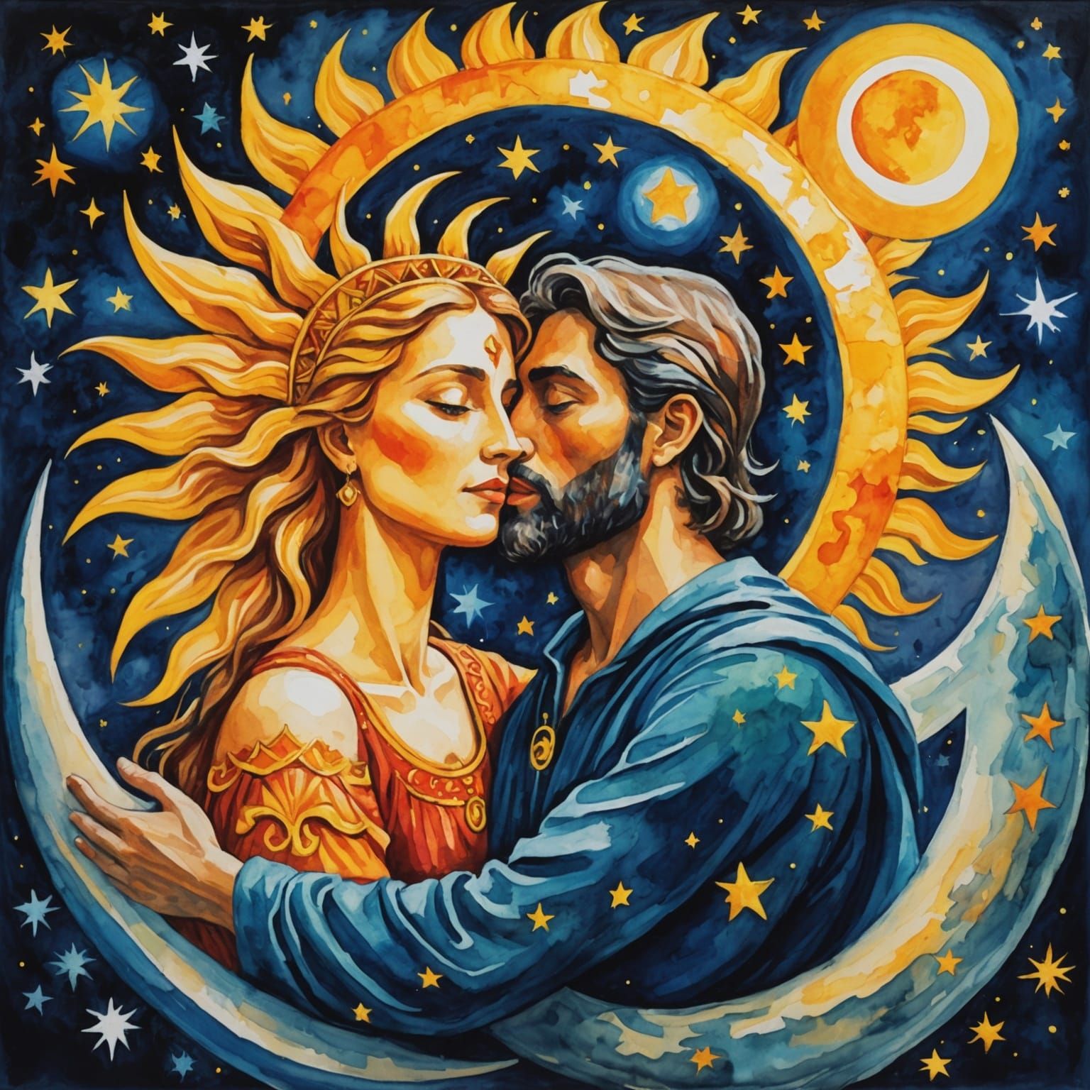 Sun and Moon Lovers in Gouache Impressionist Style