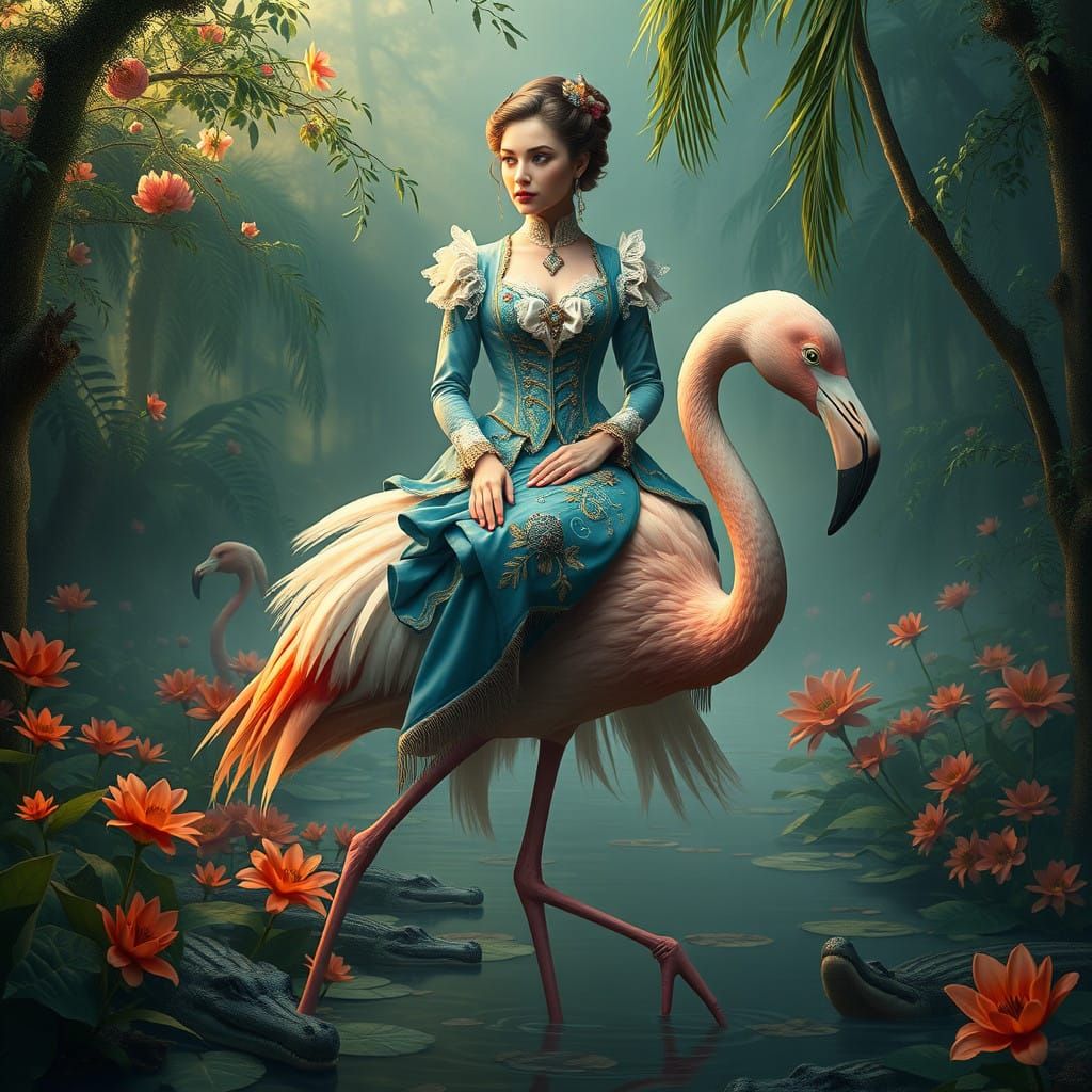 Elegant Victorian Lady Rides Majestic Flamingo through Mysti...