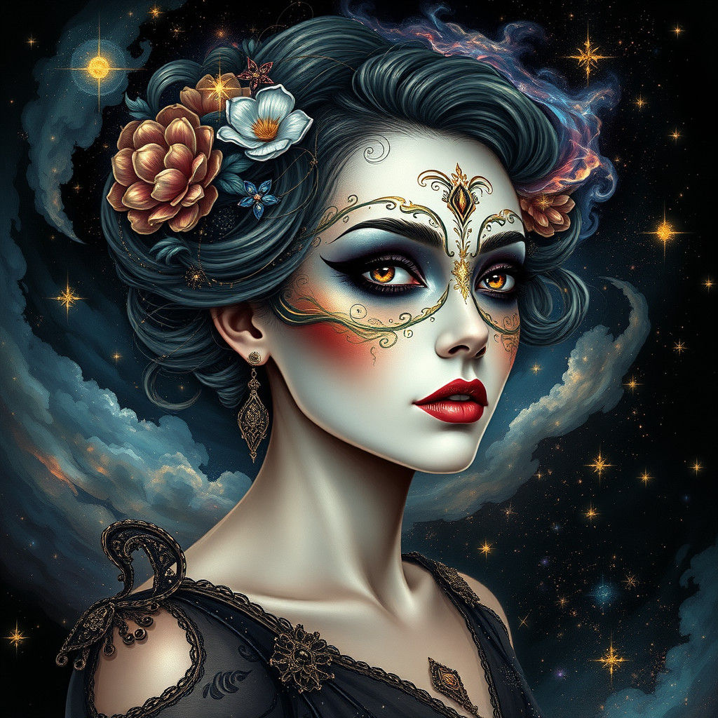 Cosmic Woman in Venetian Mask Makeup