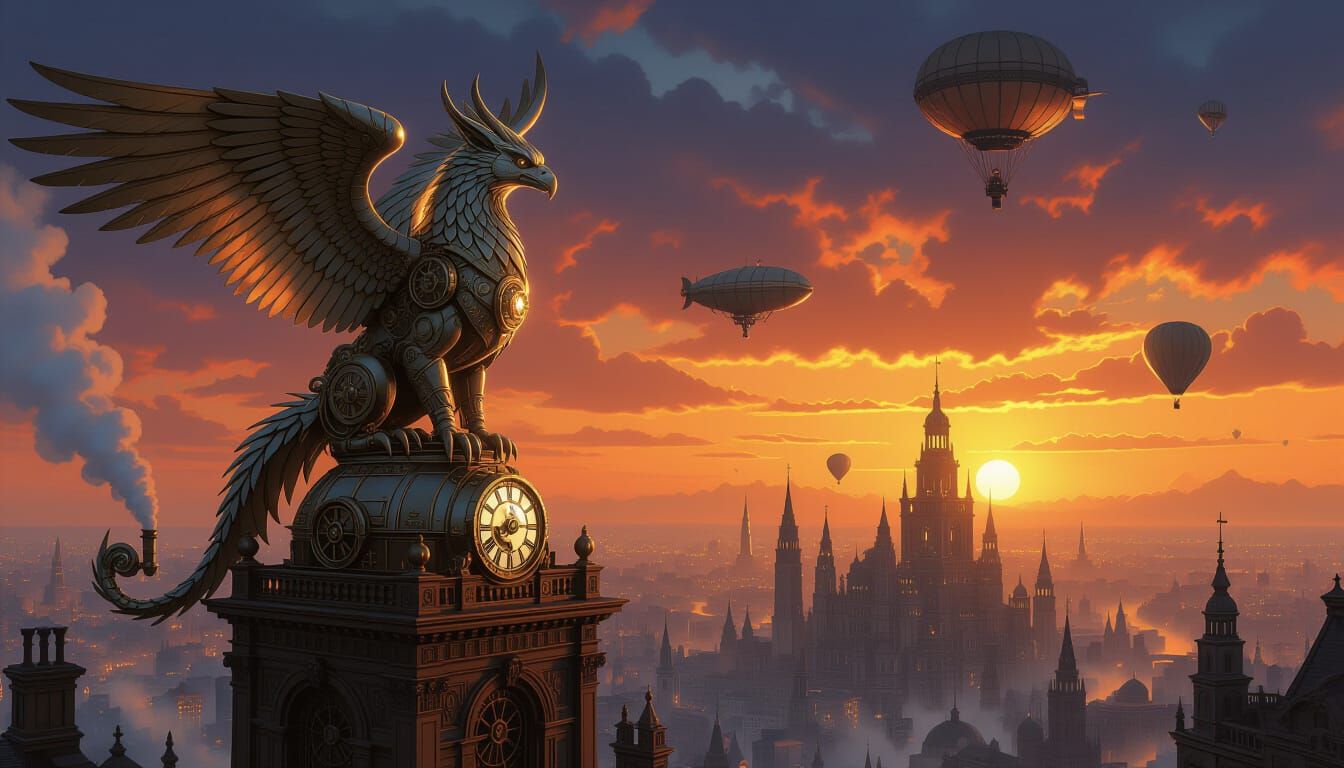Clockwork Griffin Surveys Steampunk City at Twilight