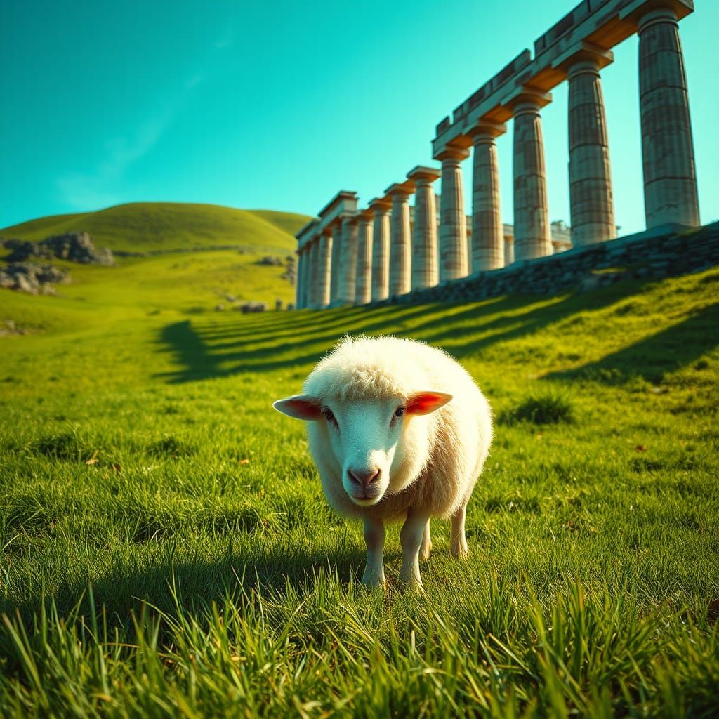 Sheep Grazing on Green Hill in Cinematic Photo