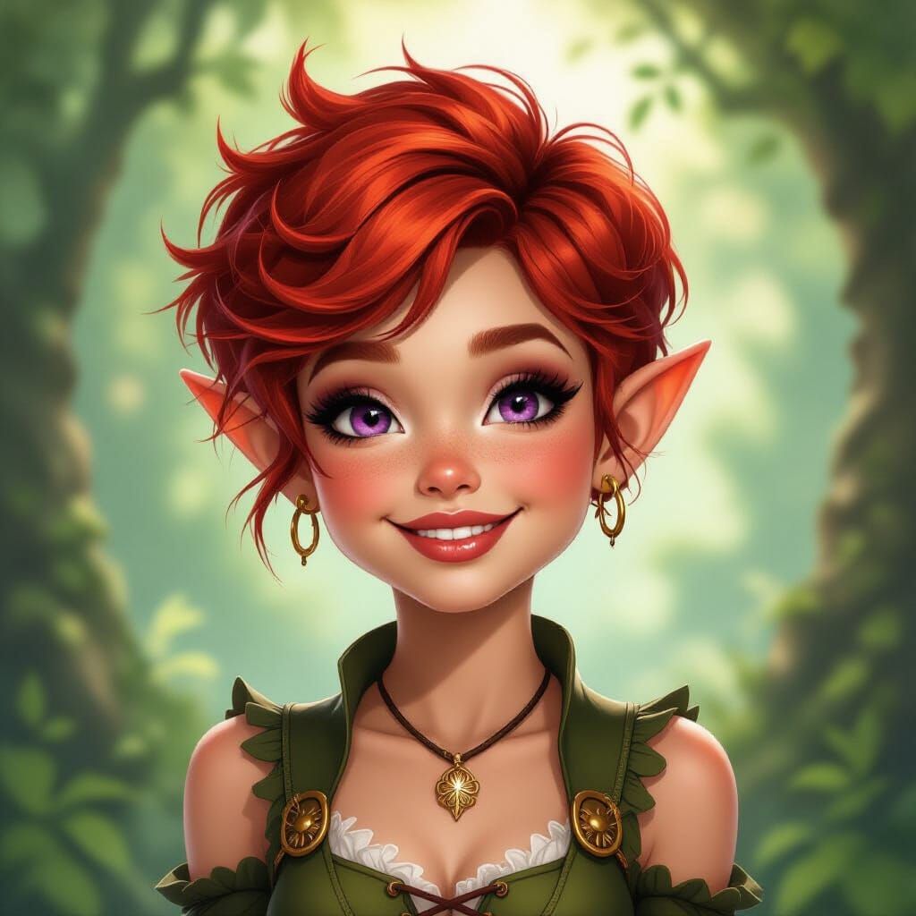 Whimsical Gnome with Crimson Pixie Cut and Amethyst Eyes